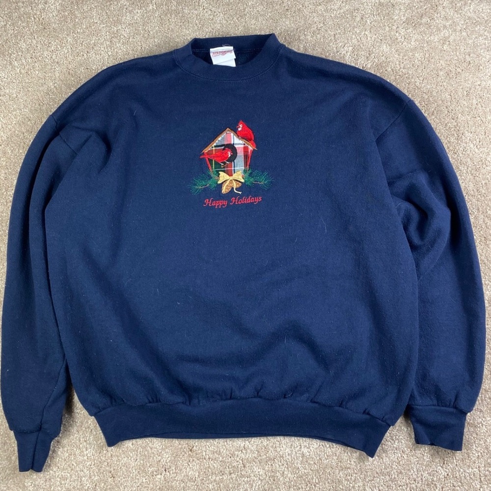 Holiday Time Navy Blue Cardinal Birdhouse Embroidered Sweatshirt XL Made in USA